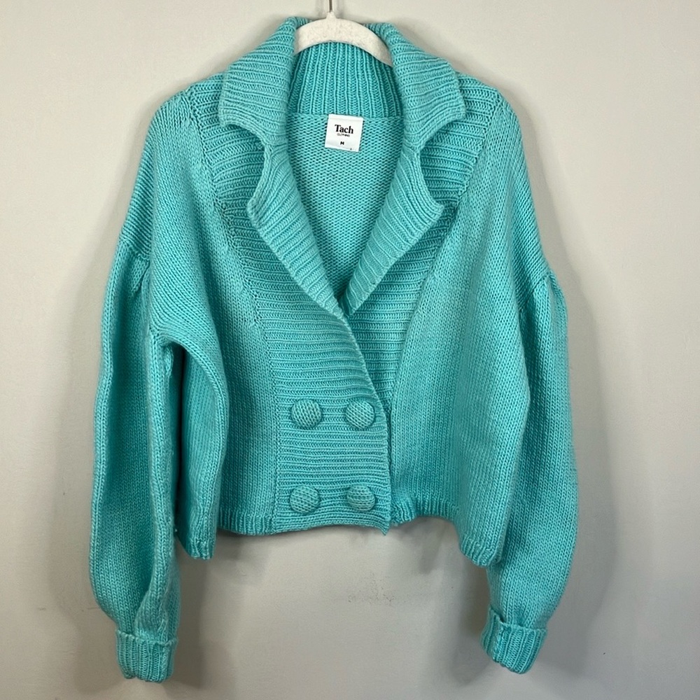 Tach turquoise button front wool cardigan